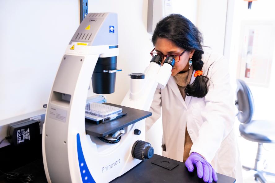 Woman wearing white lab coat looks through microscope